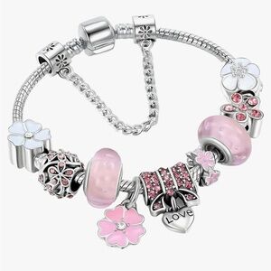 Pink Flower Charm Bracelet with LOVE Pendant - Pan Style NWT